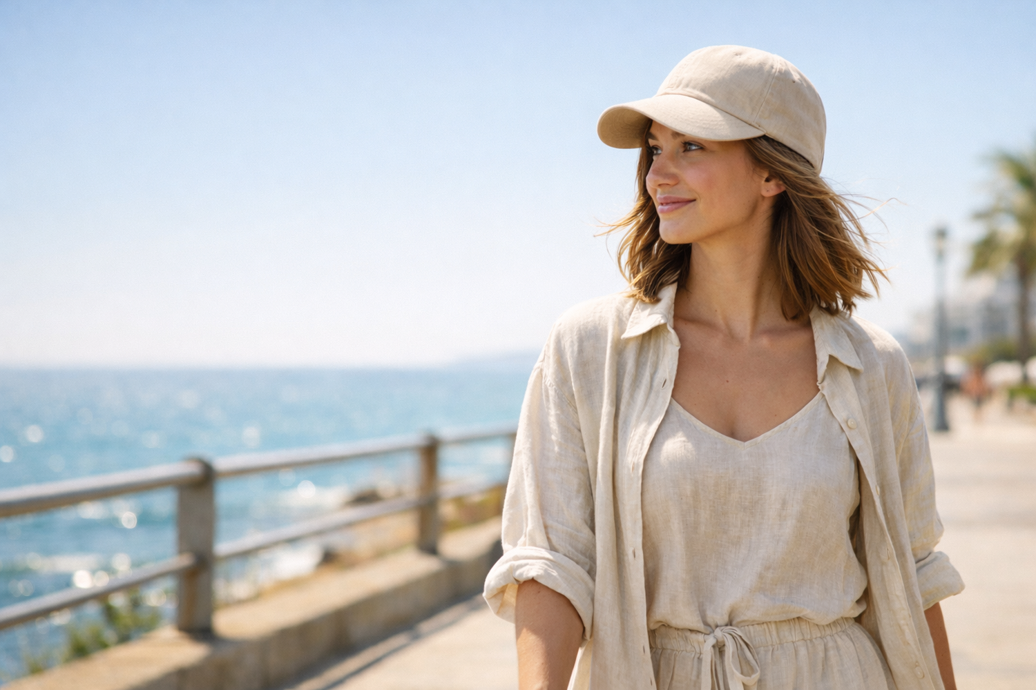 femme portant une casquette en été au bord de plage
