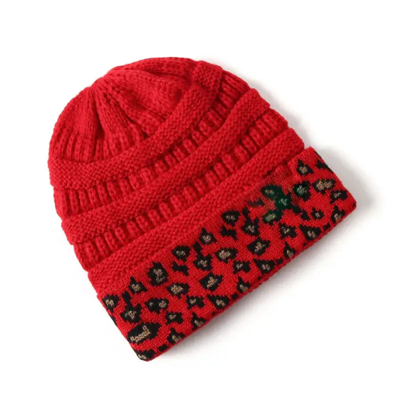 Bonnet femme tricoté léopard rouge