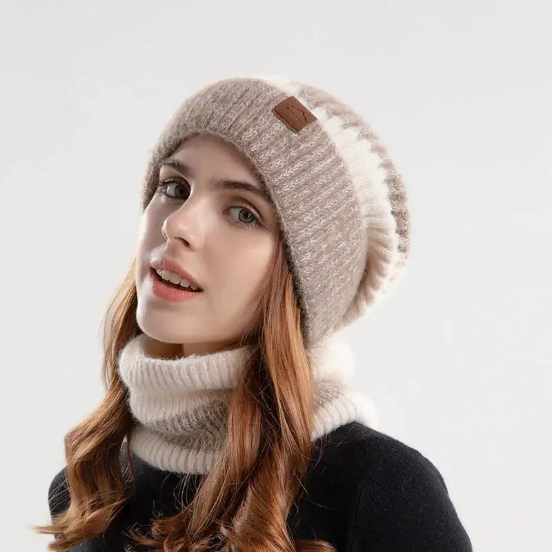 Bonnet long et écharpe pour femme beige