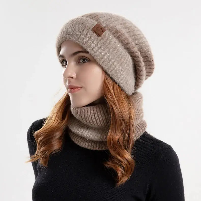 Bonnet long et écharpe pour femme camel