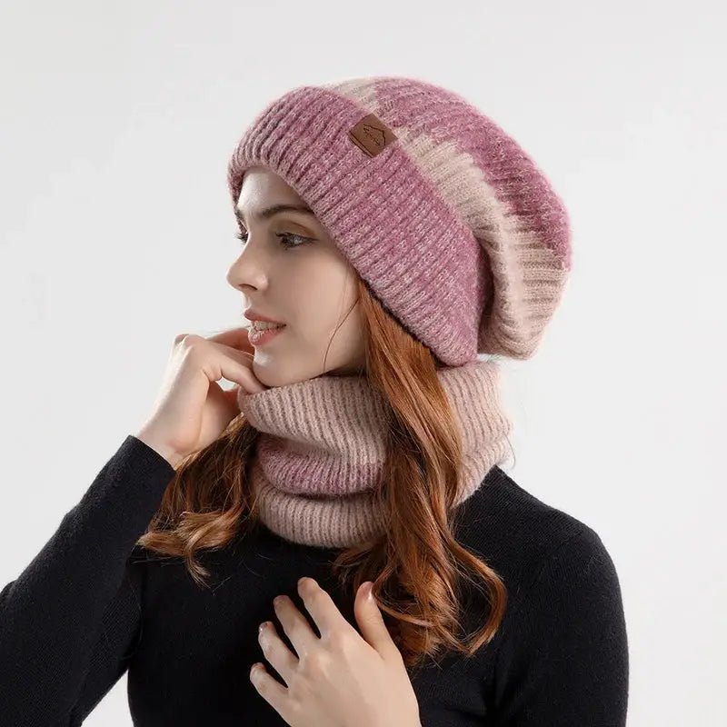 Bonnet long et écharpe pour femme rose