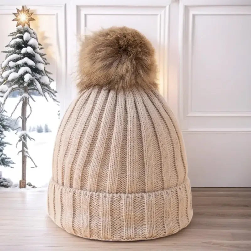 Bonnet pompon femme beige