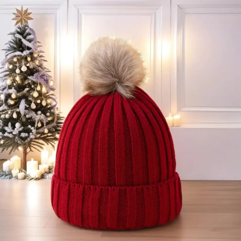 Bonnet pompon femme bordeaux