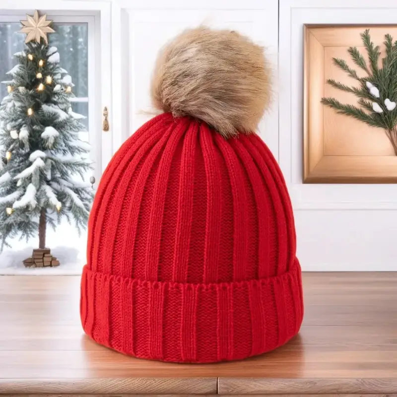 Bonnet pompon femme rouge