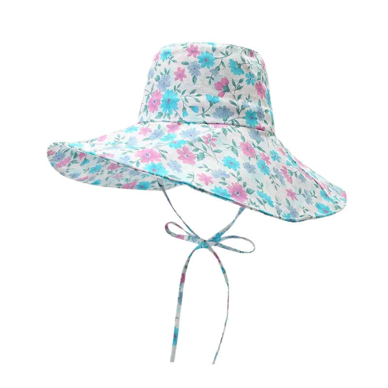 Chapeau ficelle imprimé floral bleu ciel