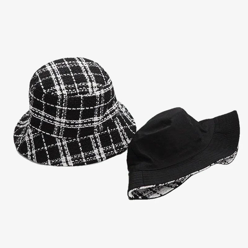 Chapeau bob à carreaux réversible noir