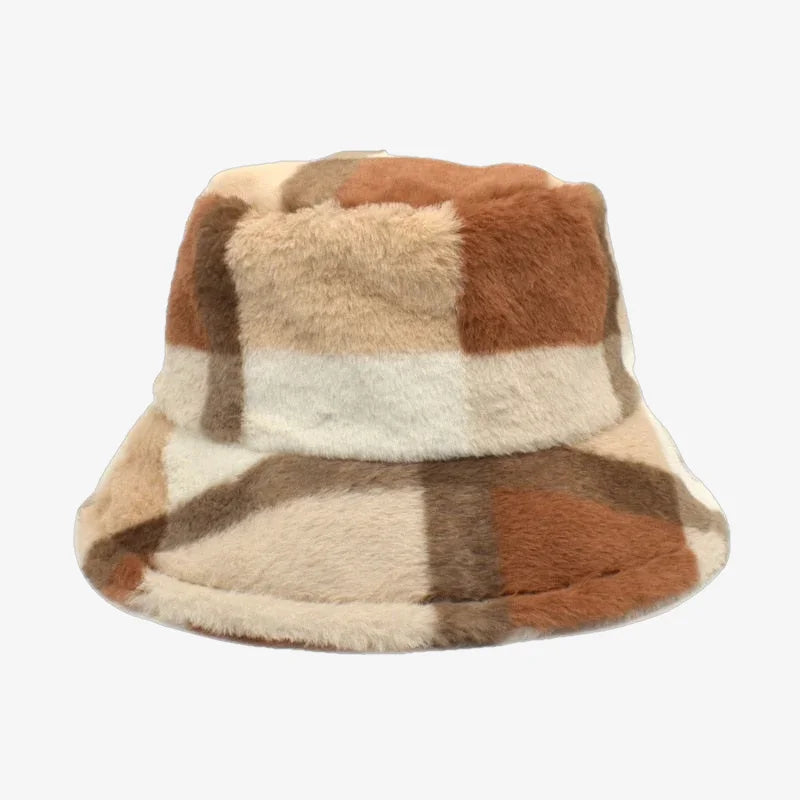 Chapeau bob fourrure à carreaux camel