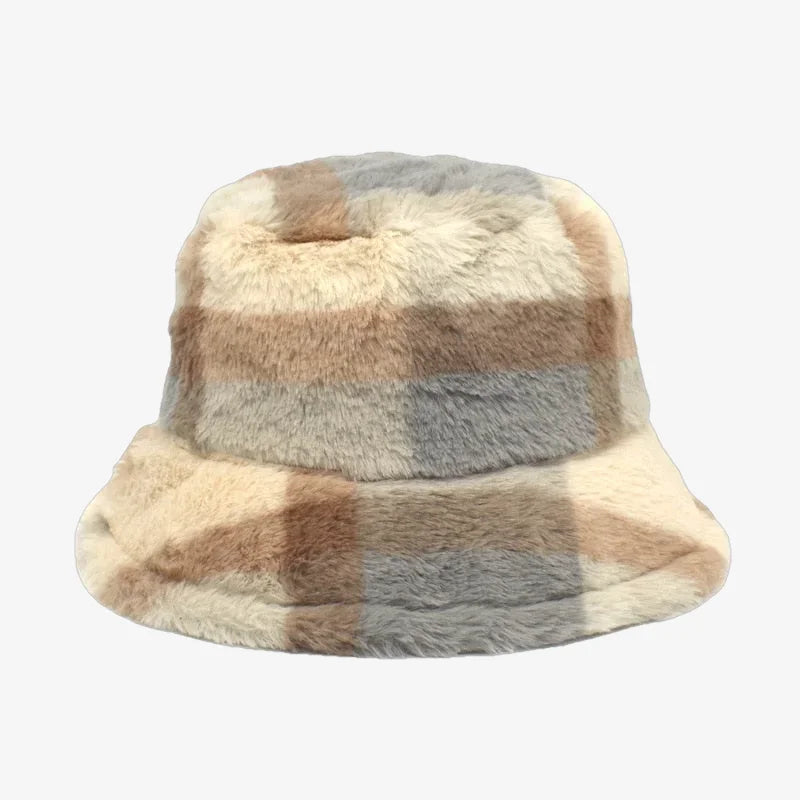 Chapeau bob fourrure à carreaux gris clair