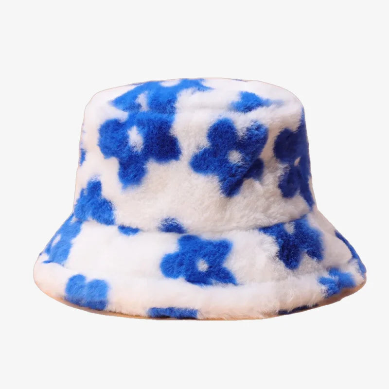 Chapeau bob fourrure fleuri bleu