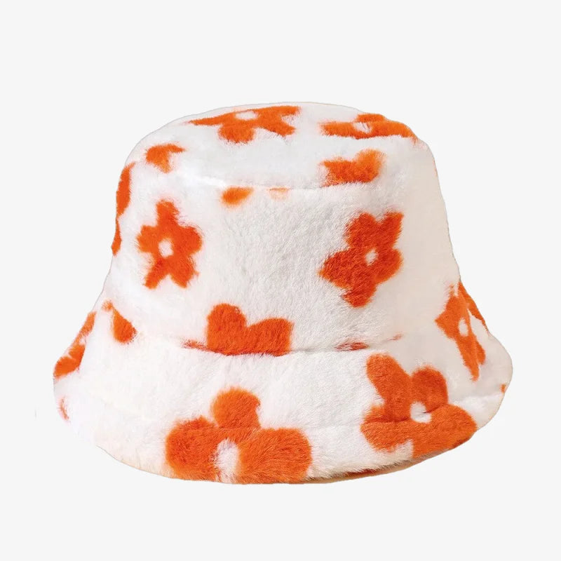 Chapeau bob fourrure fleuri orange