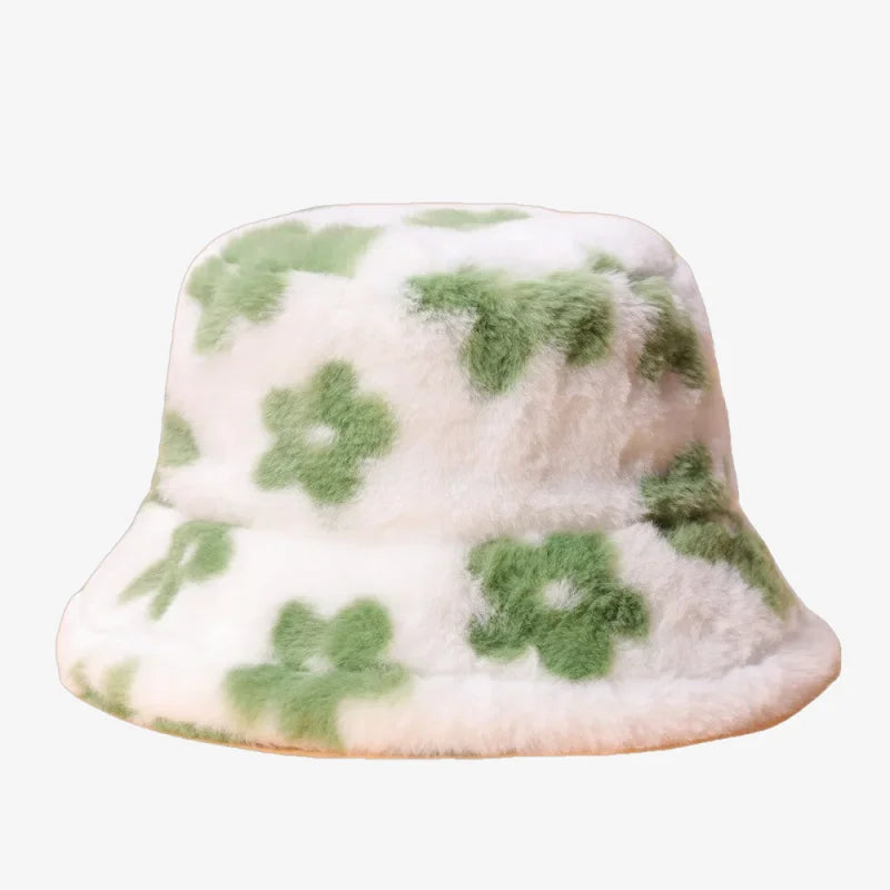 Chapeau bob fourrure fleuri vert