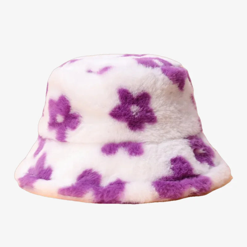 Chapeau bob fourrure fleuri violet