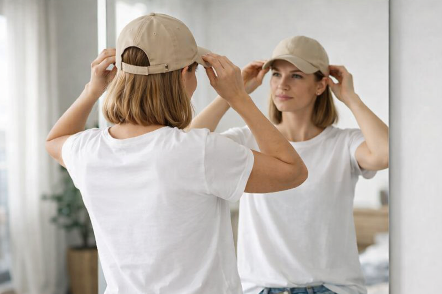 femme essayant une casquette beige