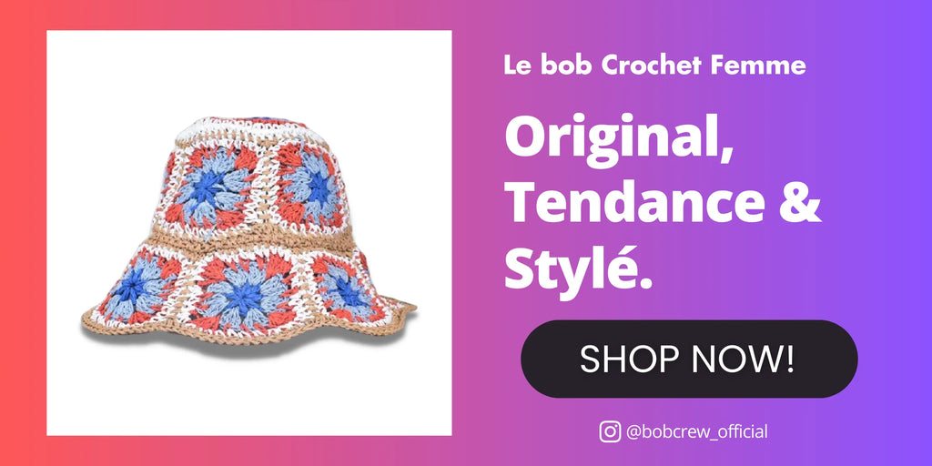 Acheter bob crochet pour femme en paille avec des fleurs rouges et bleues