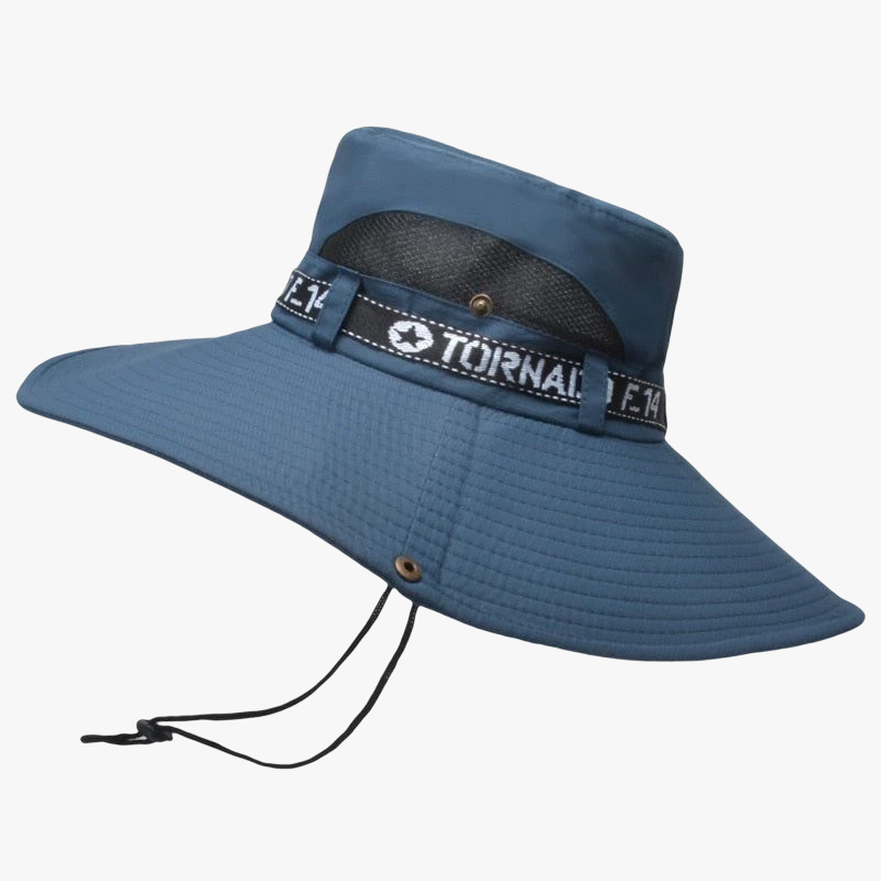 Bob chapeau bleu foncé avec ficelle et bouton de pression sur les côtés pour l'attacher 