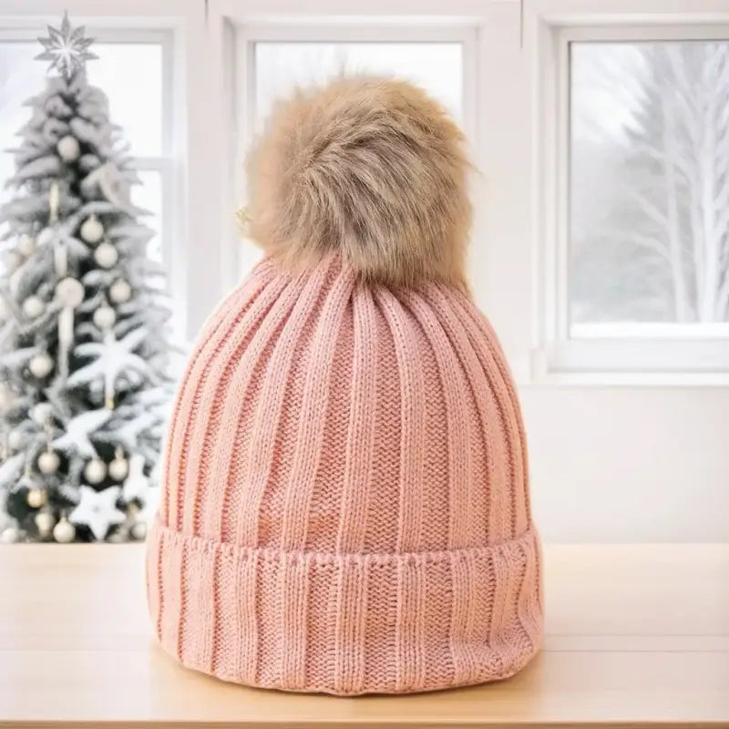 Bonnet Femme Avec Pompon Rose - 100% Laine Du Népal - Fait Main - Taille Unique Hiver